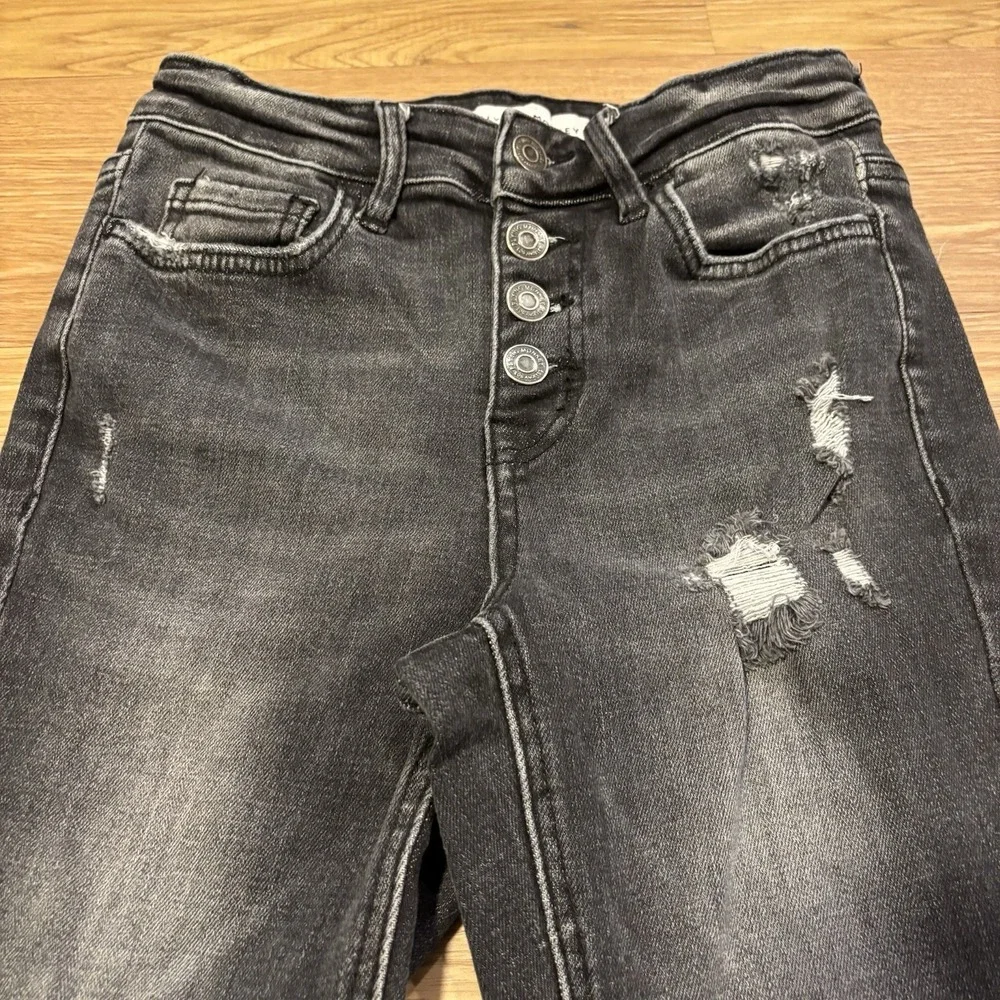 Flying Monkey Jeans Women 24 Black Mid Rise Flare Stretch Distressed Denim 24x31
